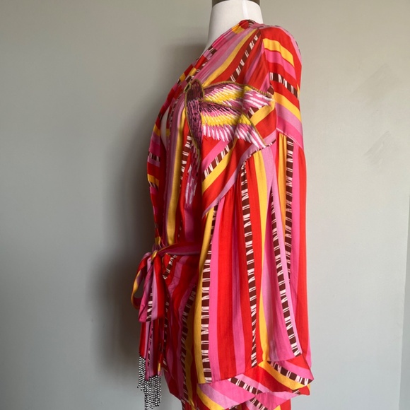 Farm Rio Lucy Parrot Stripe Tie Waist Embroidered Birds Cover Up Kimono Jacket - Picture 13 of 16